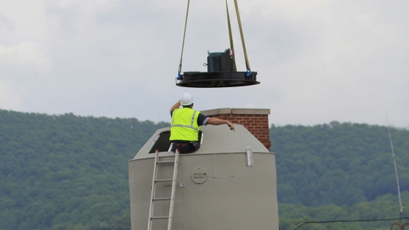 A Delta Paragon cooling tower is installed on the roof of Davis Memorial Hospital