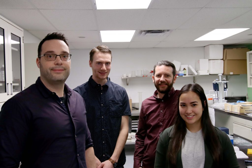 From left, Drs. Cassone, Harald Grove, LeMoine, and Sachi Villanueva have been studying the ability of waxworms to eat and biodegrade plastic.