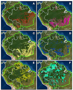 Social and economic drivers of land use in the Amazon: (A) forest loss 2001–2019 (Hansen et al., 2013) (red shading), (B) fires 2001–2019 (RAISG, 2020) (pink), (C) agricultural and cattle areas (MAPBIOMAS Version 2.0, 2020) (yellow), (D) hydropower and reservoirs (RAISG, 2020) (blue), (E) oil extraction and mining areas (RAISG, 2020) (yellow shading and points), and (F) fishing and hunting areas (RAISG, 2020) (aqua). Social and economic drivers of land use in the Amazon: (A) forest loss 2001–2019 (Hansen et al., 2013) (red shading), (B) fires 2001–2019 (RAISG, 2020) (pink), (C) agricultural and cattle areas (MAPBIOMAS Version 2.0, 2020) (yellow), (D) hydropower and reservoirs (RAISG, 2020) (blue), (E) oil extraction and mining areas (RAISG, 2020) (yellow shading and points), and (F) fishing and hunting areas (RAISG, 2020) (aqua).
