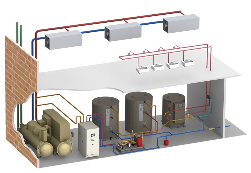 Commercial water heating system utilizing a heat pump with domestic hot water storage.