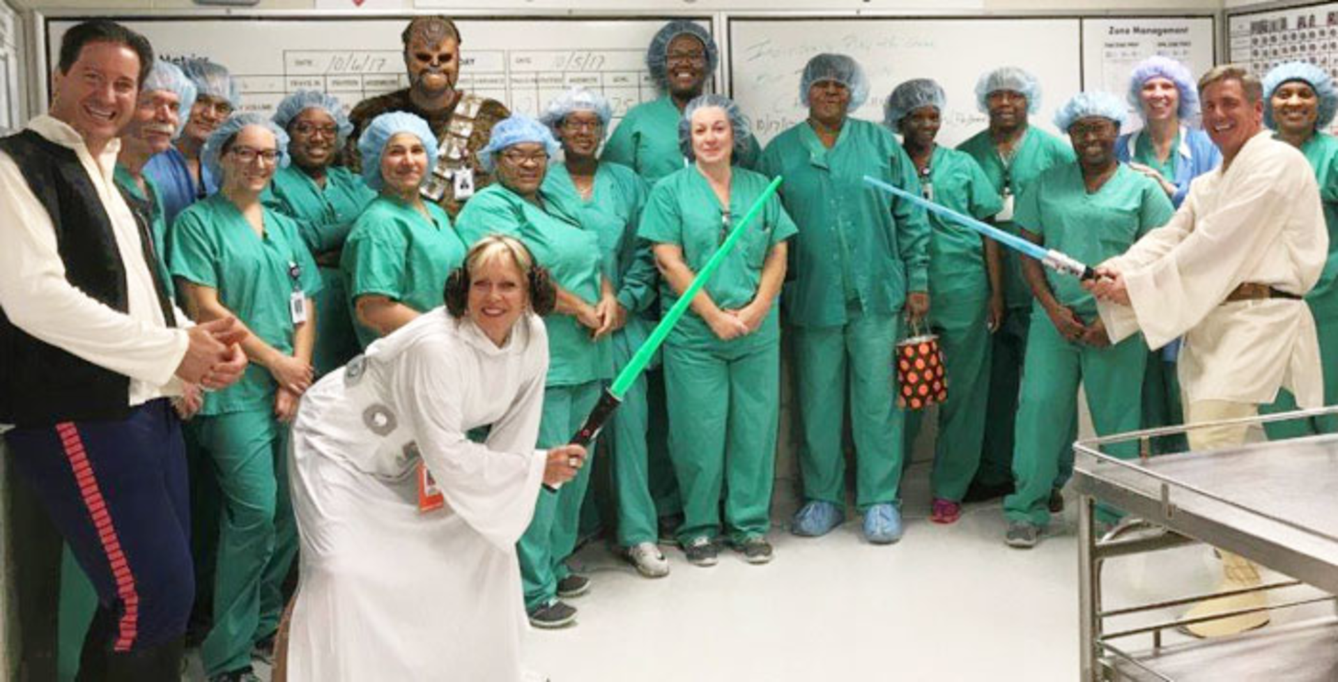 SPD Team Building & Appreciation (from left): Playing &lsquo;Han Solo&rsquo; is Chief Operating Officer Matt Primack, &lsquo;Princess Leia&rsquo; is Vice President of Nursing Services/CNE Lynn Hennessy, &lsquo;Chewbacca&rsquo; is Multisite Director of Infection Prevention Brian Walesa, &lsquo;Luke Skywalker&rsquo; is President Richard Heim, and Advocate Christ&rsquo;s SPD staff of Jedi Knights.