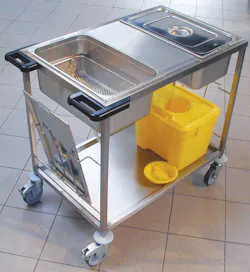 Stainless steel transportation cart from TBJ for holding and transportation of contaminated surgical instruments to SPD. Stainless steel transportation cart from TBJ for holding and transportation of contaminated surgical instruments to SPD.