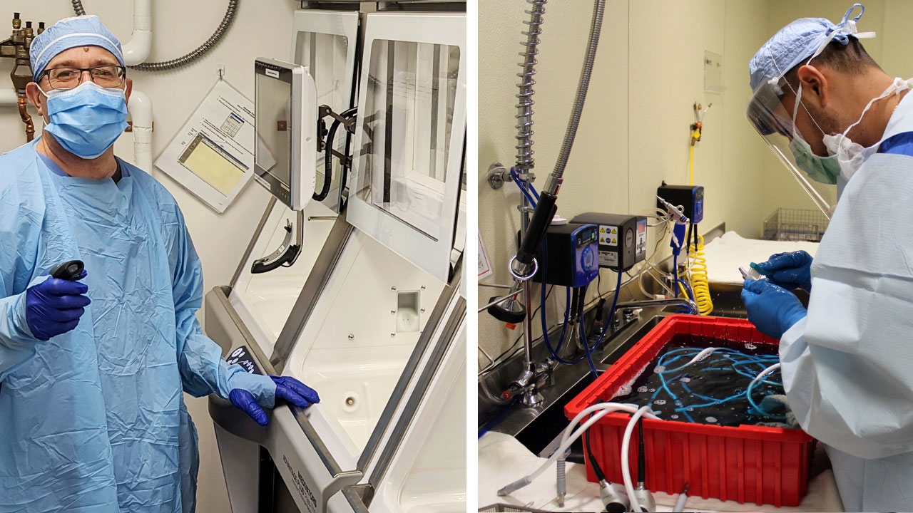 Tech loading scopes into automatic reprocessor (left), Tech manually cleaning scope (right)