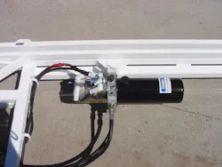 DC hydraulic power unit drives cylinders that lift the aircraft and rotates hydraulic motors that provide propulsion. Valves can block flow in motor circuit to brake wheels hydrostatically. DC hydraulic power unit drives cylinders that lift the aircraft and rotates hydraulic motors that provide propulsion. Valves can block flow in motor circuit to brake wheels hydrostatically.