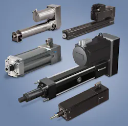 Electric rod actuators come in a variety of shapes, sizes and performance characteristics to fit almost any application. Here are several from Tolomatic, including its (clockwise from top left) ERD, RSA, RSX, IMA and ServoWeld actuators. Electric rod actuators come in a variety of shapes, sizes and performance characteristics to fit almost any application. Here are several from Tolomatic, including its (clockwise from top left) ERD, RSA, RSX, IMA and ServoWeld actuators.