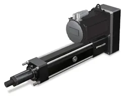 Electric actuators can provide high forces, such as this RSX high-force actuator with roller screws from Tolomatic that generates forces up to 178 kN (40,000 lbf). Electric actuators can provide high forces, such as this RSX high-force actuator with roller screws from Tolomatic that generates forces up to 178 kN (40,000 lbf).