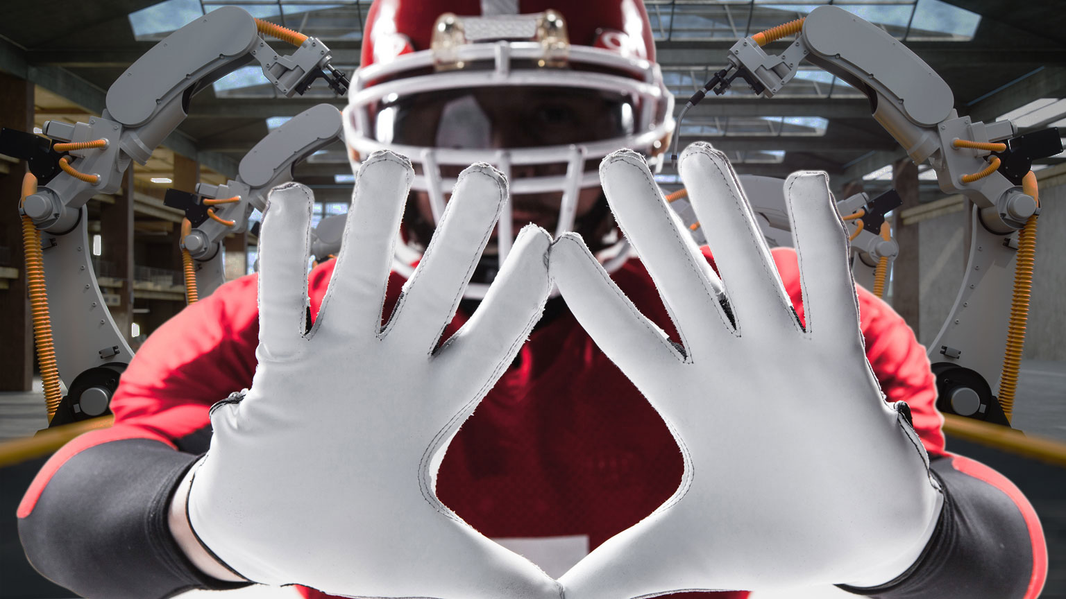 Football player holding out hands over background photo of robotic arms