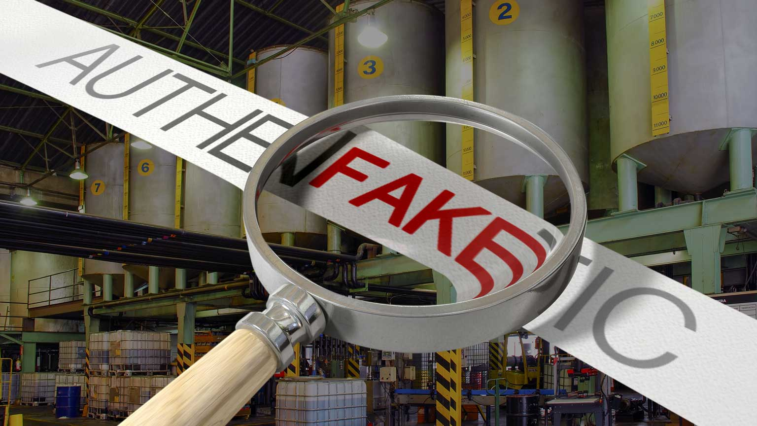 Industrial lubricating oil tank with magnifying glass checking authenticity