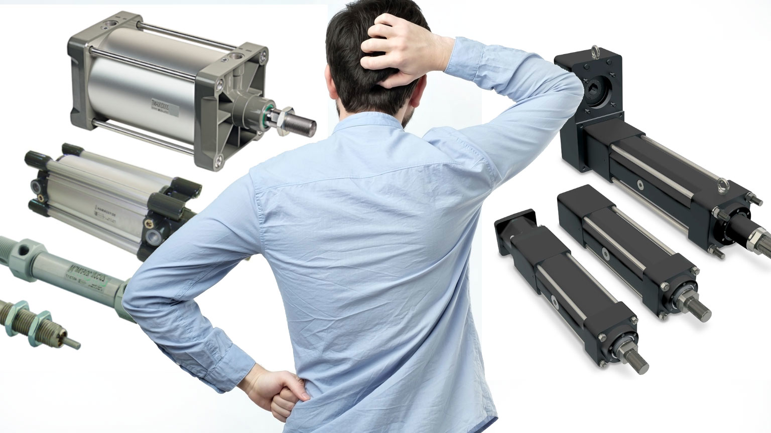 Man deciding between pneumatic cylinders and electric rod actuators