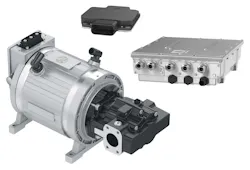 ZF’s eWorX system features a control unit, power electronics and electric motor with optional hydraulic pump. ZF’s eWorX system features a control unit, power electronics and electric motor with optional hydraulic pump.