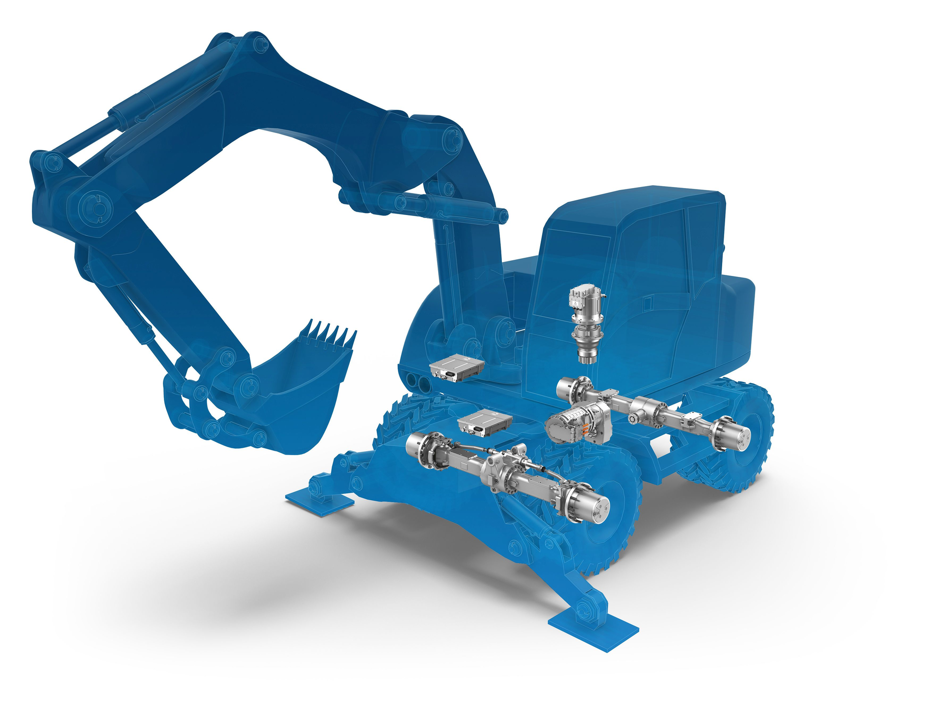 The ZF eTRAC drive system for mobile excavators includes a transmission, electric motor and inverter to enable electrification.