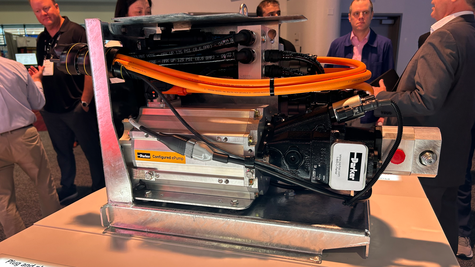 At IFPE 2023, Parker Hannifin displayed its ePTO which connects to a electrified machine's battery to power the hydraulics.