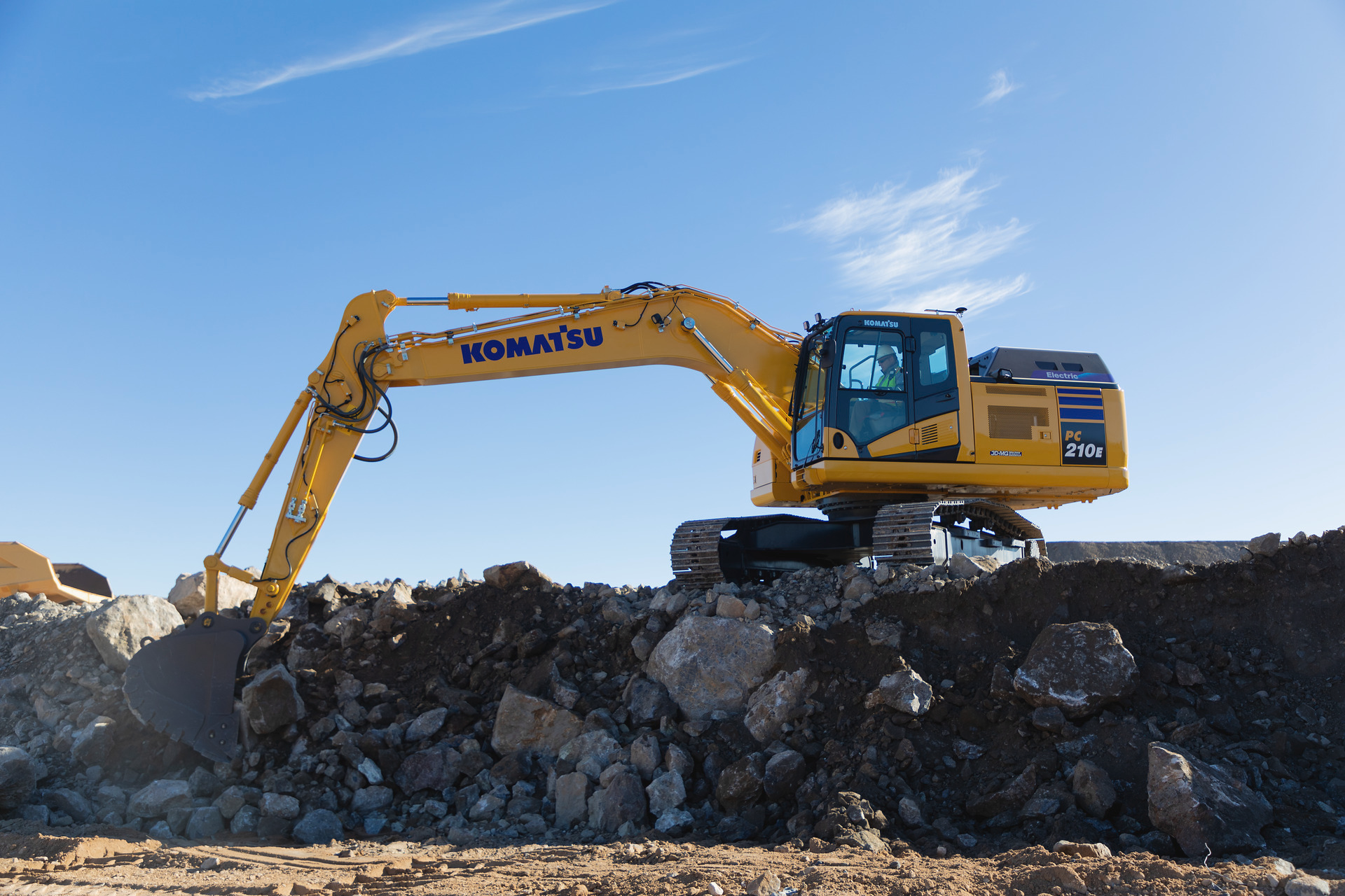 Komatsu's 20-ton PC210LCE electric excavator, powered by a Proterra lithium-ion battery, will soon be available in North America.