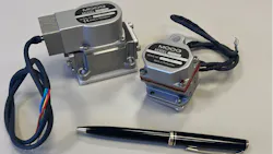 Two of Moog's Micro-Sized 30-Series Servo Valves (L to R: 32-Series and 30-Series) are shown with a ballpoint pen for scale, demonstrating the compact size of these micro-hydraulic valves. Two of Moog's Micro-Sized 30-Series Servo Valves (L to R: 32-Series and 30-Series) are shown with a ballpoint pen for scale, demonstrating the compact size of these micro-hydraulic valves.