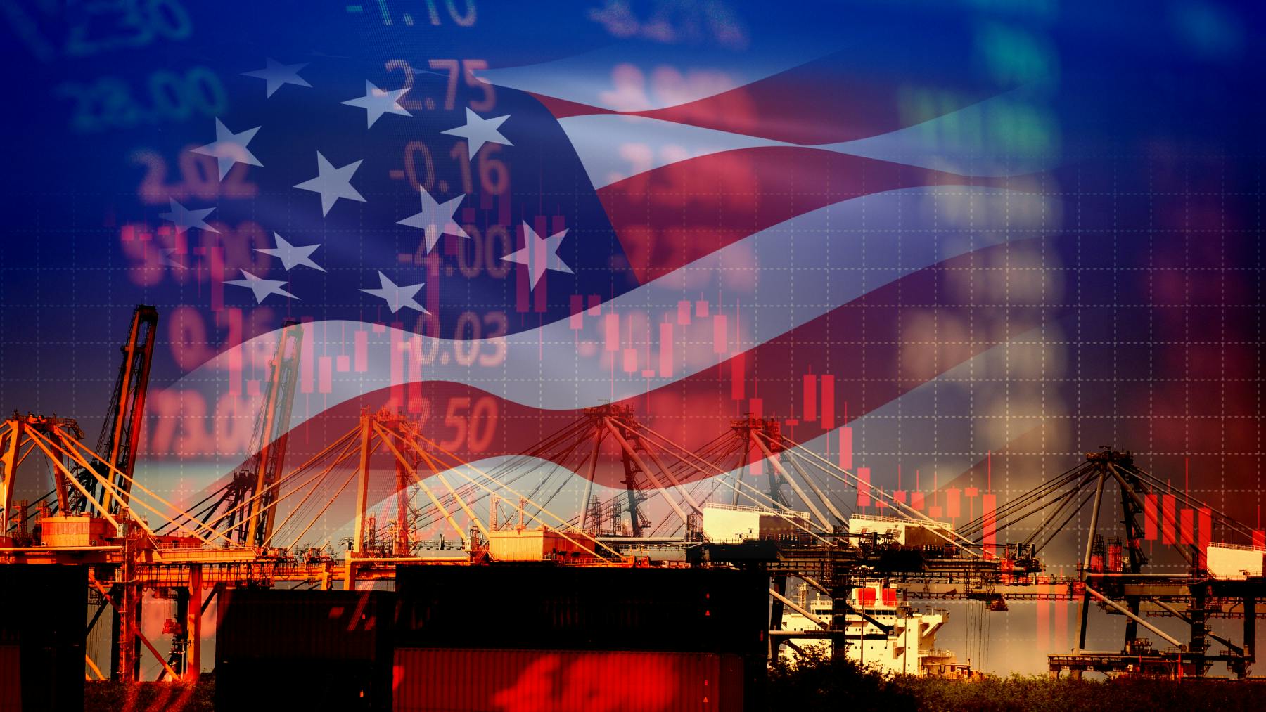An American flag superimposed over a shipping yard