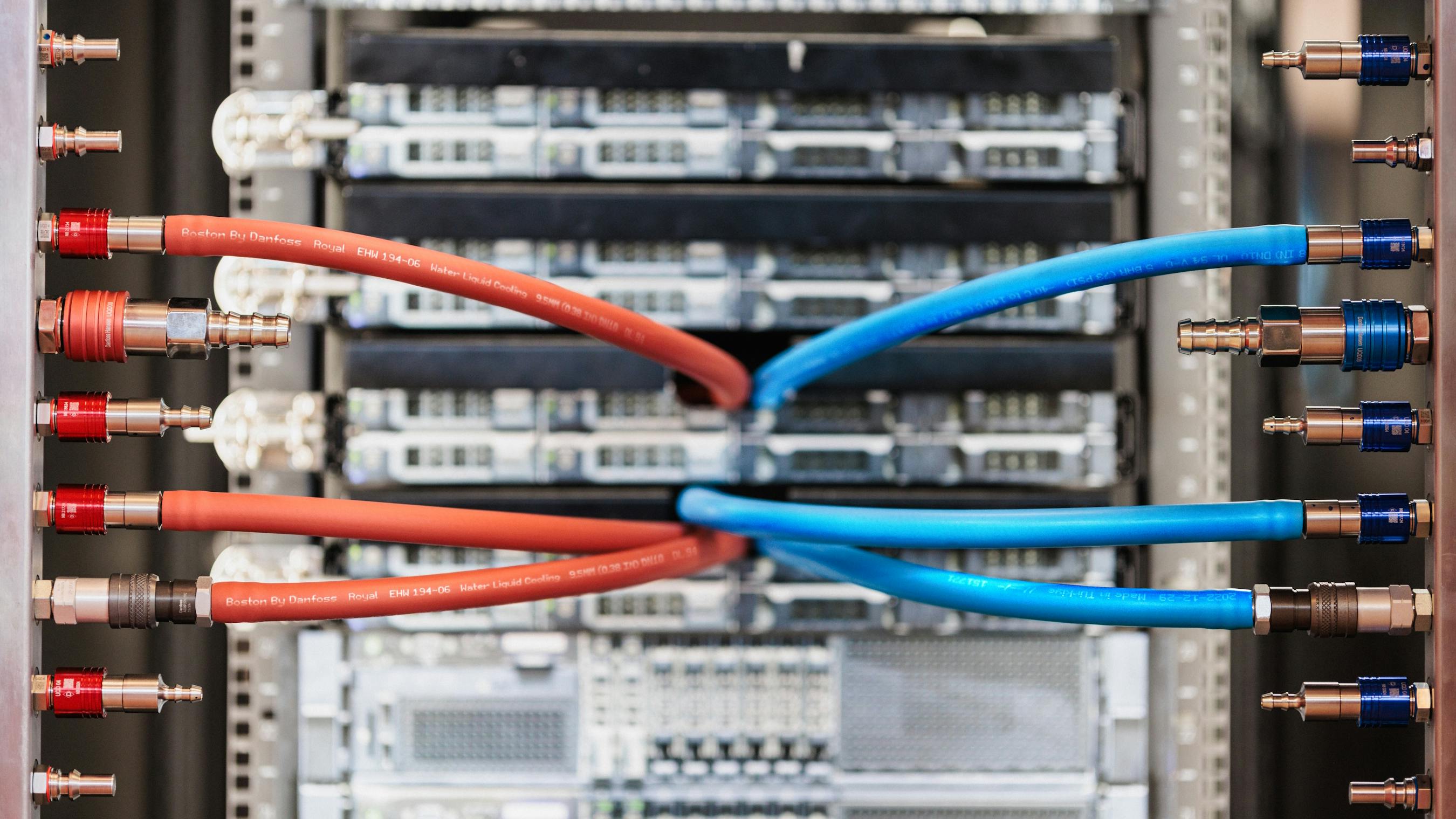 A closeup of Danfoss fluid conveyance components installed in a data center application