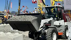 A wheel loader equipped with Moog electrification technologies also features some automated functions A wheel loader equipped with Moog electrification technologies also features some automated functions