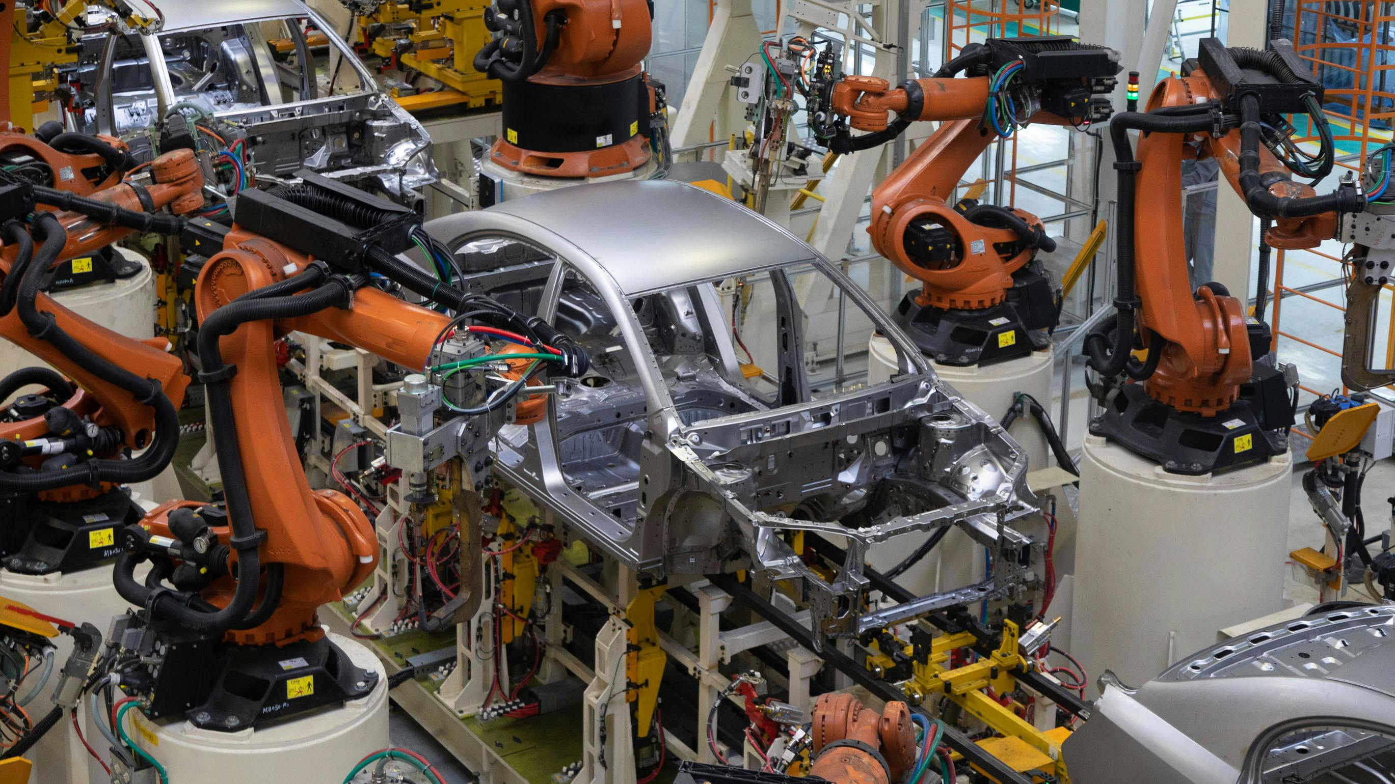 Robots manufacturing a car