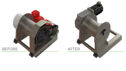 An image comparing a customer's original winch on the left and a redesigned winch with fewer components from Regal Rexnord An image comparing a customer's original winch on the left and a redesigned winch with fewer components from Regal Rexnord