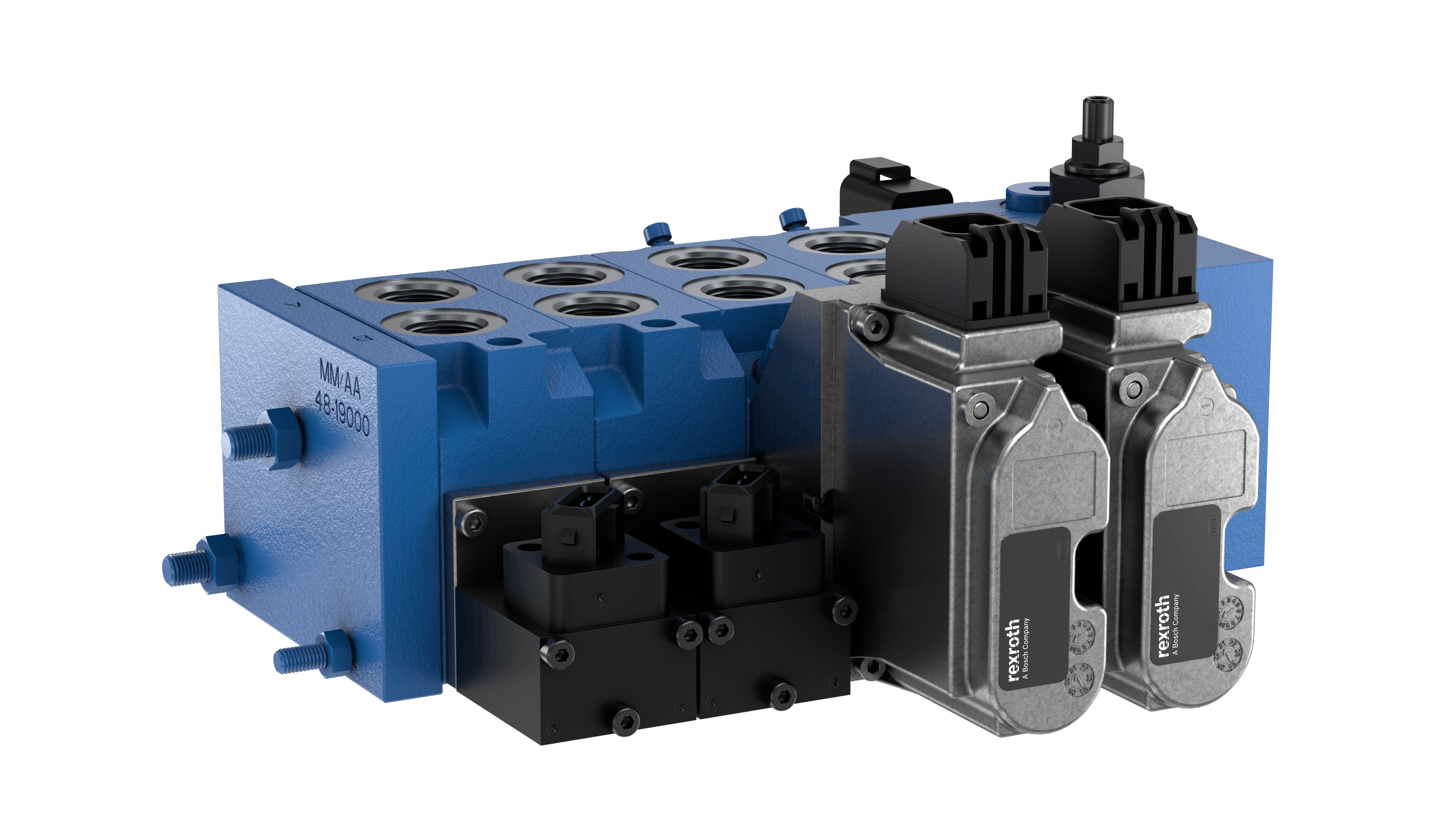 A closeup view of the Bosch Rexroth EDG-OBE hydraulic valve with onboard electronics