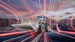 A wheel loader with red lines coming out of it to illustrate electrification A wheel loader with red lines coming out of it to illustrate electrification