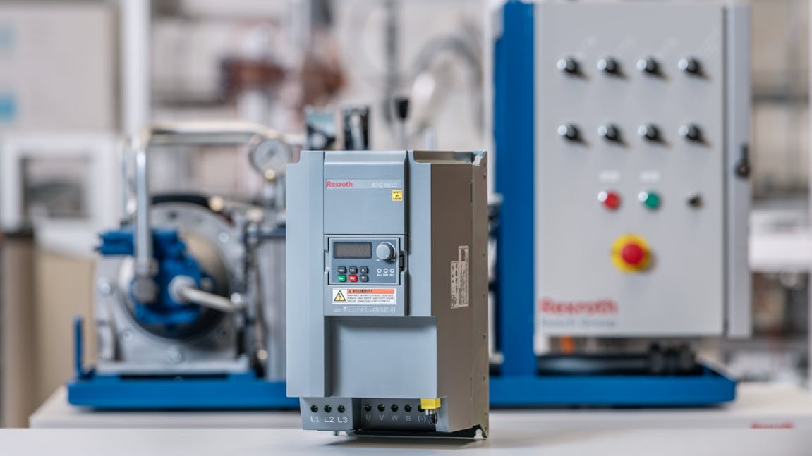 Close up view of Bosch Rexroth variable speed hydraulic pump technology