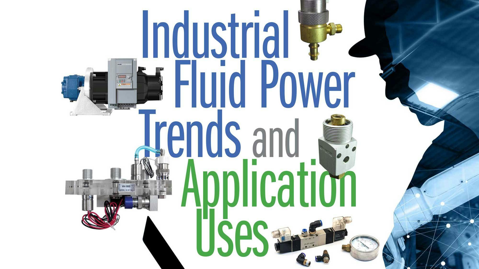 A man's silhouette with digital imagery, hydraulic and pneumatic components and text about industrial fluid power