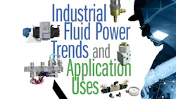 A man's silhouette with digital imagery, hydraulic and pneumatic components and text about industrial fluid power A man's silhouette with digital imagery, hydraulic and pneumatic components and text about industrial fluid power