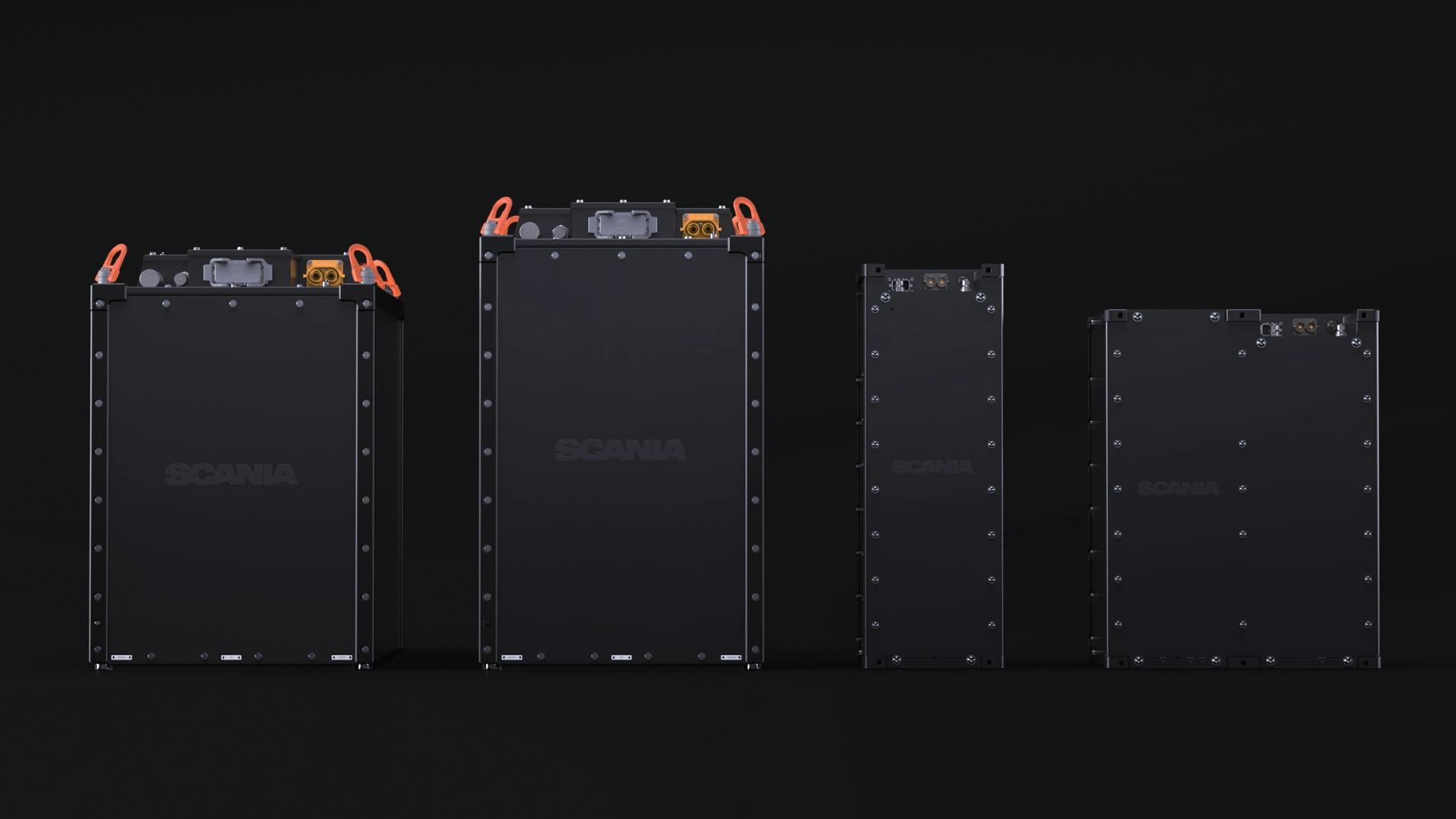 Four Scania battery models lined up next to each other