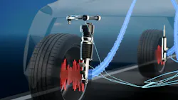 Concept of ZF semi-active dampers in a transparent car with noise graphics depicted Concept of ZF semi-active dampers in a transparent car with noise graphics depicted