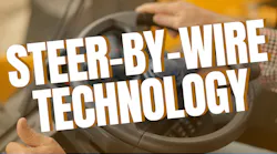 Hands on steering wheel overlaid with the words steer-by-wire technology Hands on steering wheel overlaid with the words steer-by-wire technology