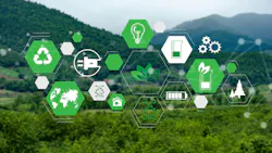 Sustainability concept image with graphics depicting recycling, trees and more Sustainability concept image with graphics depicting recycling, trees and more