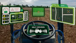 View from inside the cab of a farm tractor and the various screens for automated functions like steering View from inside the cab of a farm tractor and the various screens for automated functions like steering