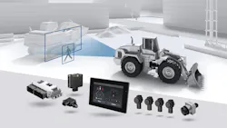 Multiple components in Bosch Rexroth BODAS portfolio in front of a wheel loader to show use for obstacle detection on a job site Multiple components in Bosch Rexroth BODAS portfolio in front of a wheel loader to show use for obstacle detection on a job site