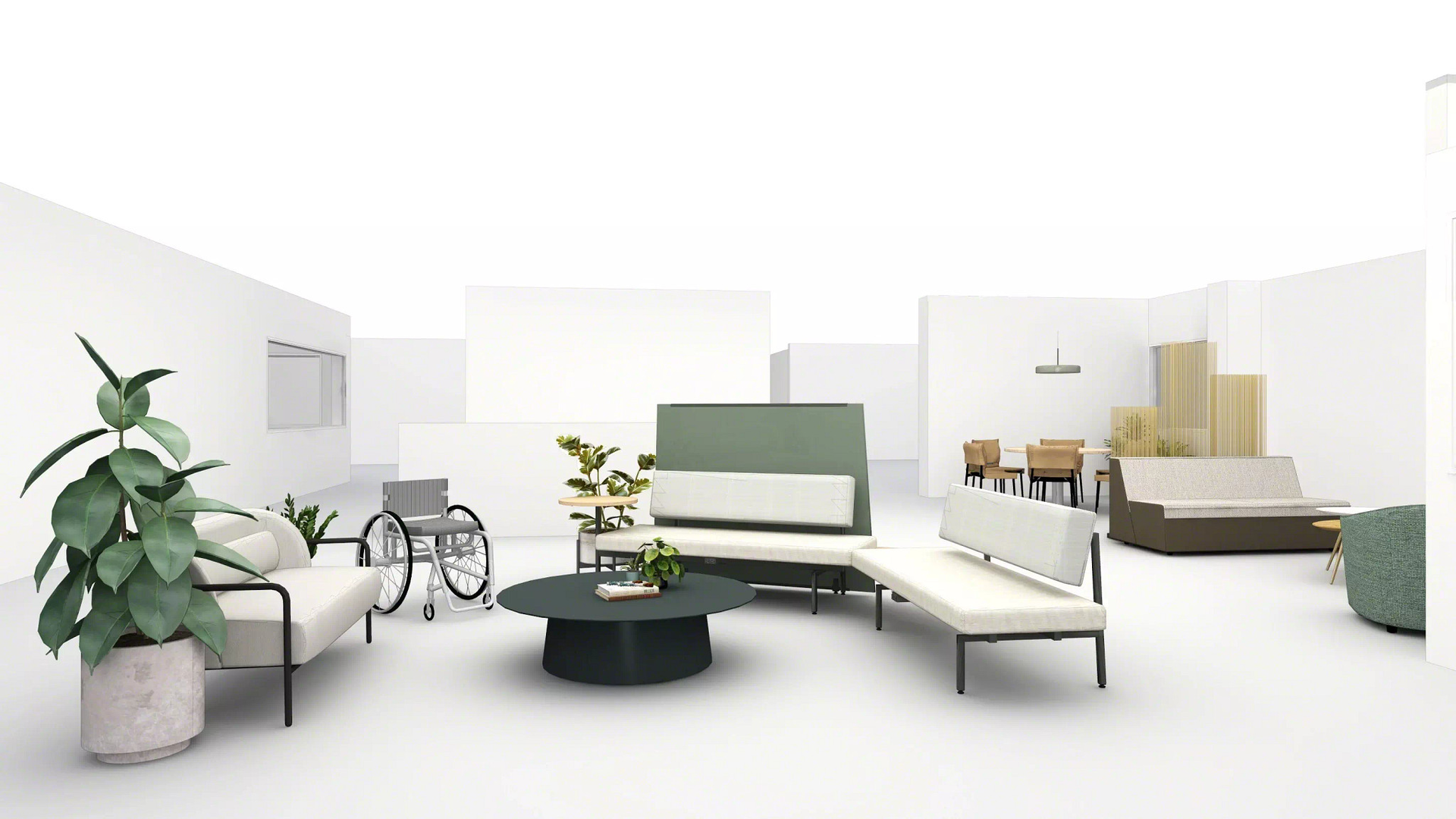 Entry concept: Furniture placement holds space for people who use a wheelchair or mobility devices to be immersed with their peers. Arched seating with optional high back improves sightlines and provides a backdrop of communication (ex. sign language) and privacy, and movable lounge pieces allow for flexibility.