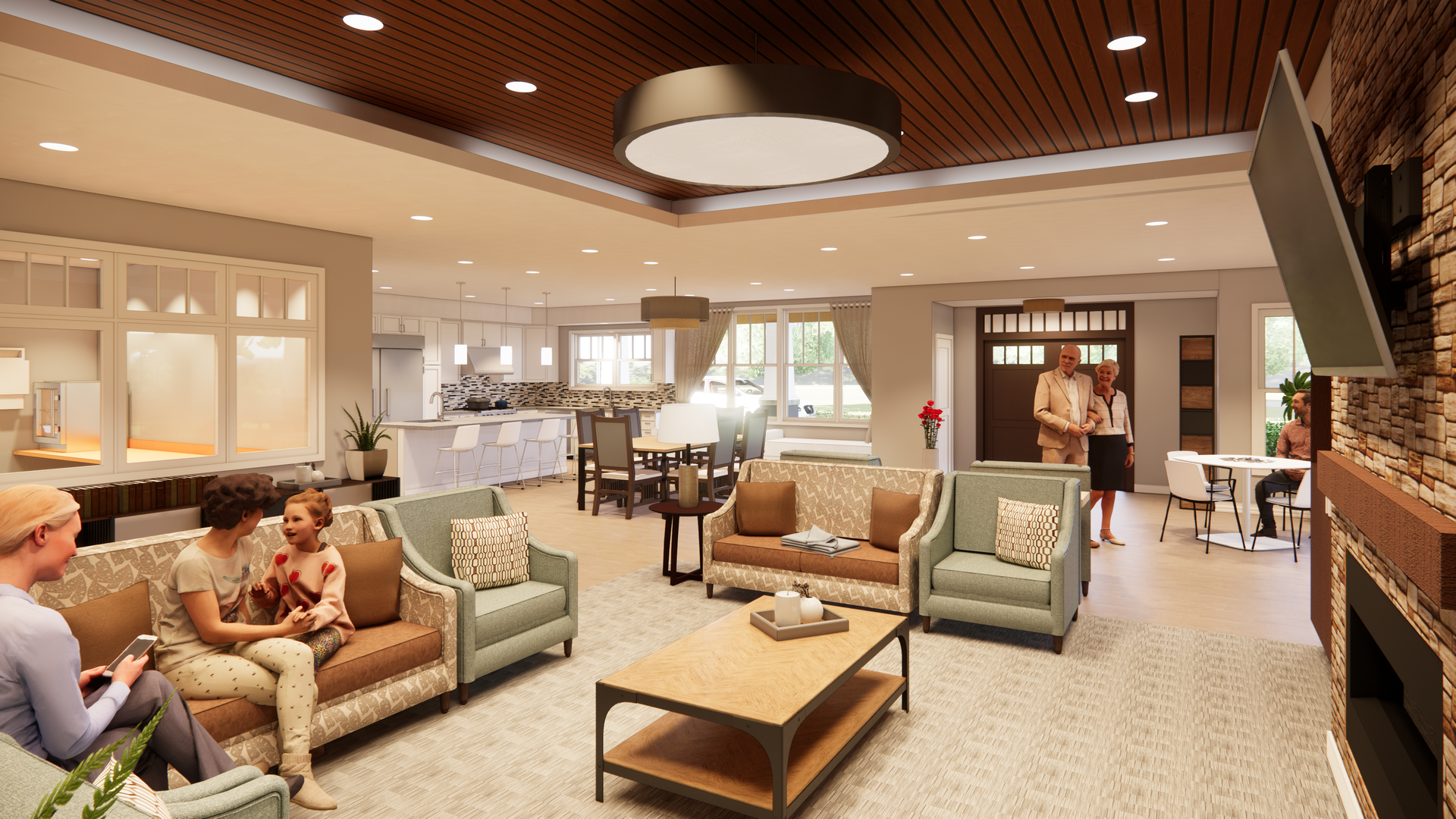 An open space layout at Evermore, a senior living community in Lakeridge, Virginia, contributes to interaction and socialization and resident rooms provide privacy and access to their own accessible bathroom to reduce fall risk and enhance dignity and choice.