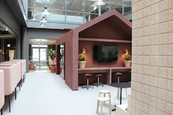 BAUX acoustic materials clad the mökki huts at Wonderland, a co-working space situated on the ground floor of the WELL-certified Säterinportti office campus in Leppävaara, Finland. The tiles' wood wool fibres bring playful colours, textures and patterns to these structural design elements while absorbing sound to create a calmer, softer workspace. BAUX acoustic materials clad the mökki huts at Wonderland, a co-working space situated on the ground floor of the WELL-certified Säterinportti office campus in Leppävaara, Finland. The tiles' wood wool fibres bring playful colours, textures and patterns to these structural design elements while absorbing sound to create a calmer, softer workspace.