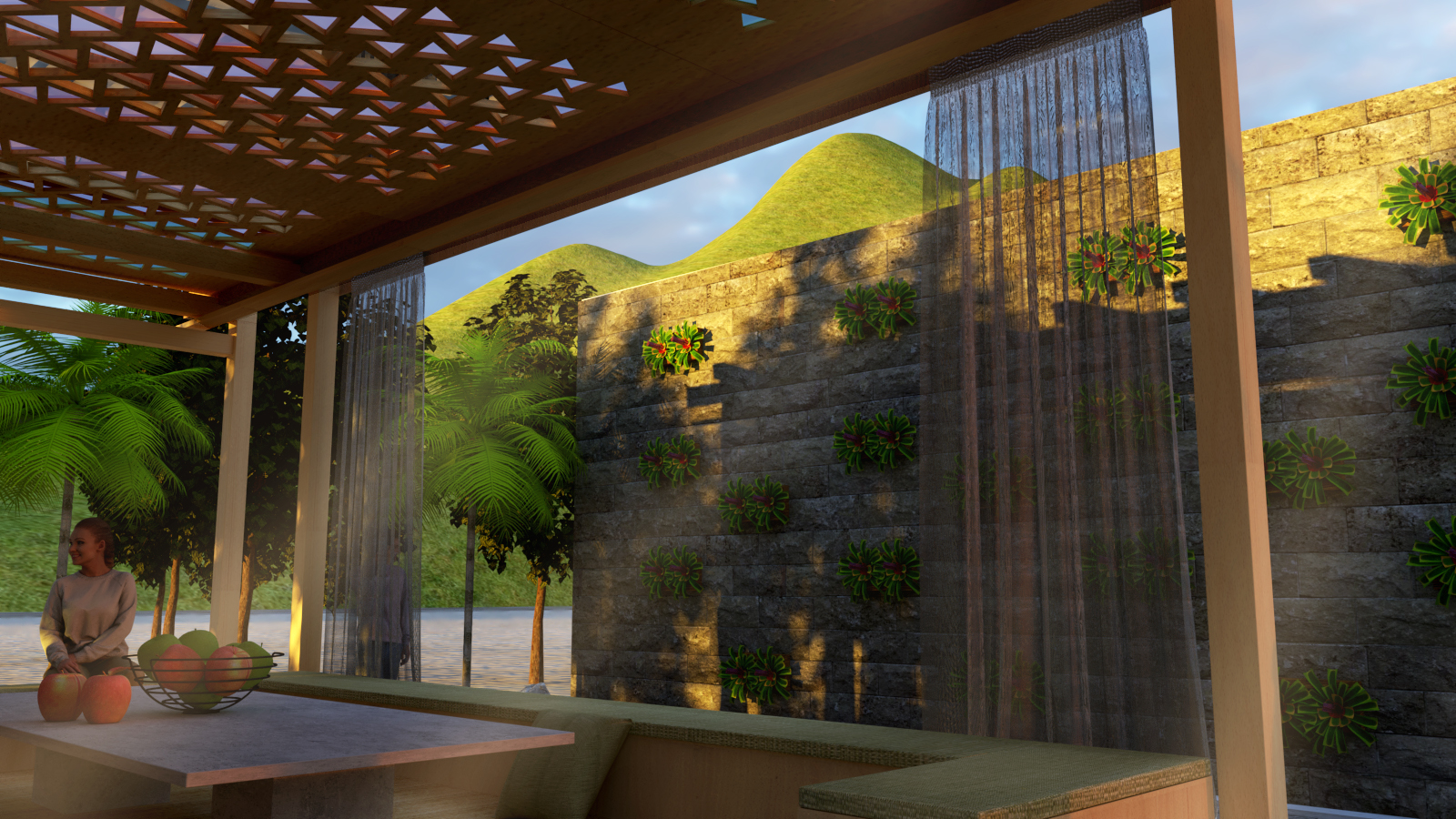 Tropical Scape is a freestanding structure Segura designed, featuring a four-panel ceiling based on the four-phase Bromeliad flower bloom cycle.