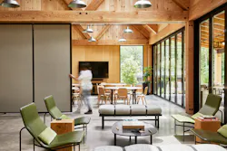 Inside the clubhouse are repeating bays and a sliding divider for meeting spaces to accommodate guests' needs. Inside the clubhouse are repeating bays and a sliding divider for meeting spaces to accommodate guests' needs.