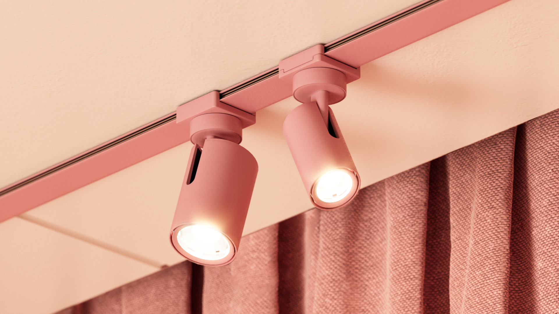 Multiverse track lighting system in dusky pink.