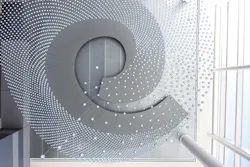 A three-story atrium features 'Helical Trace,' an elaborate light sculpture by local artist Jim Campbell. A three-story atrium features 'Helical Trace,' an elaborate light sculpture by local artist Jim Campbell.