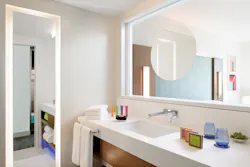 Details like direction of the mirror and the location of the faucet create a cleaner, more spacious feeling in the guestrooms. Details like direction of the mirror and the location of the faucet create a cleaner, more spacious feeling in the guestrooms.