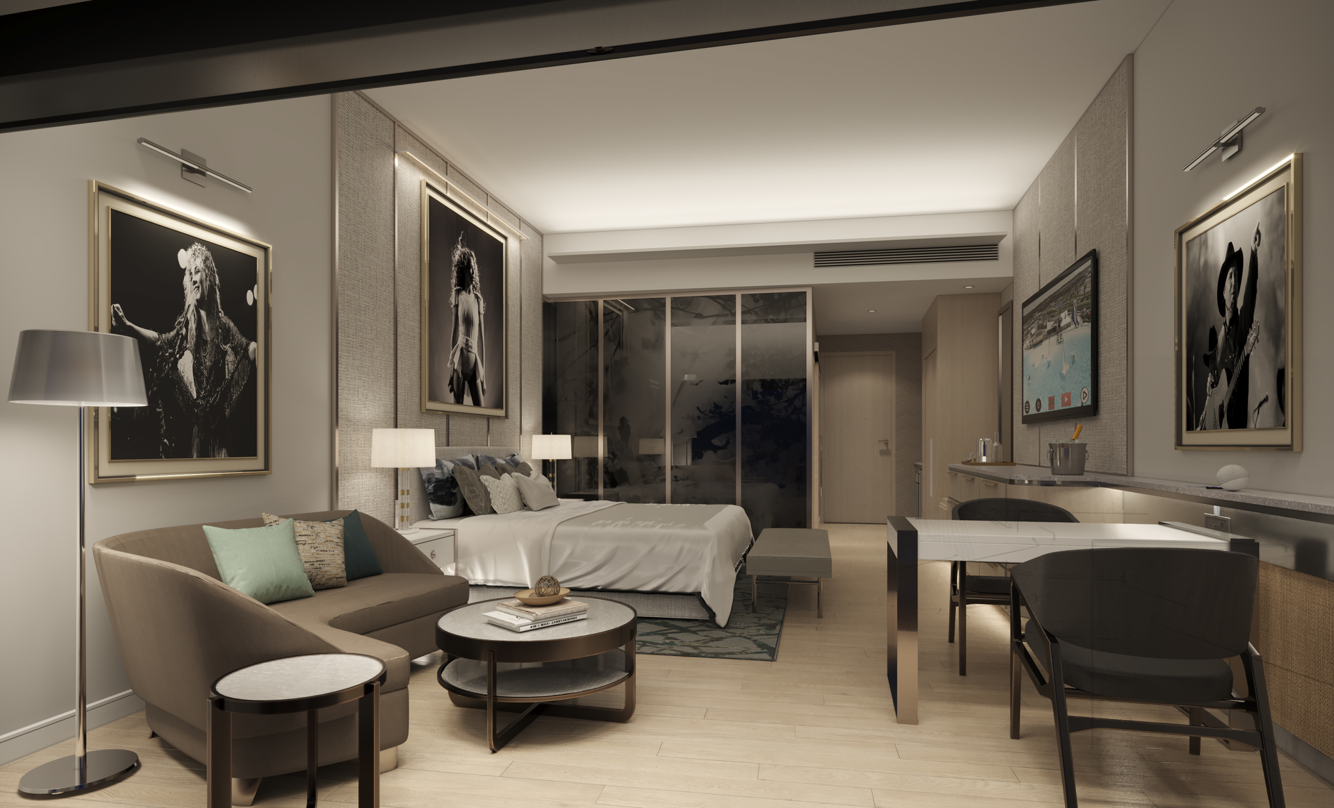 A rendering of a confidential project signifies easier access to the touchscreen TV programmed with the guest's personal streaming and wireless preferences.