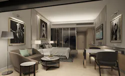A rendering of a confidential project signifies easier access to the touchscreen TV programmed with the guest's personal streaming and wireless preferences. A rendering of a confidential project signifies easier access to the touchscreen TV programmed with the guest's personal streaming and wireless preferences.