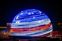 The Sphere is the world's largest spherical structure whose exosphere is a fully-programmable 580,00-sq.-ft. LED exterior that can display 256M colors onto the skyline. The Sphere is the world's largest spherical structure whose exosphere is a fully-programmable 580,00-sq.-ft. LED exterior that can display 256M colors onto the skyline.