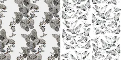 Migration by Hilary Lorenz, left, and AI-generated patterns of moths, right. Migration by Hilary Lorenz, left, and AI-generated patterns of moths, right.