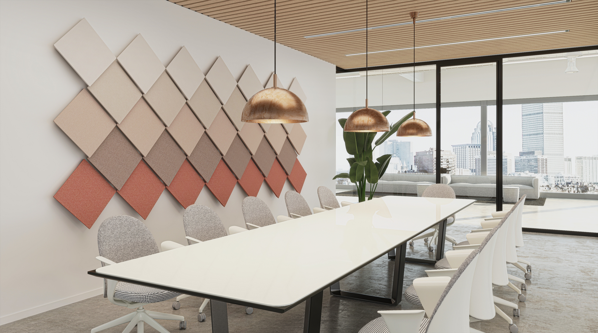 Articulate square acoustic tiles can be rotated into diamond shapes and staked into various patterns.