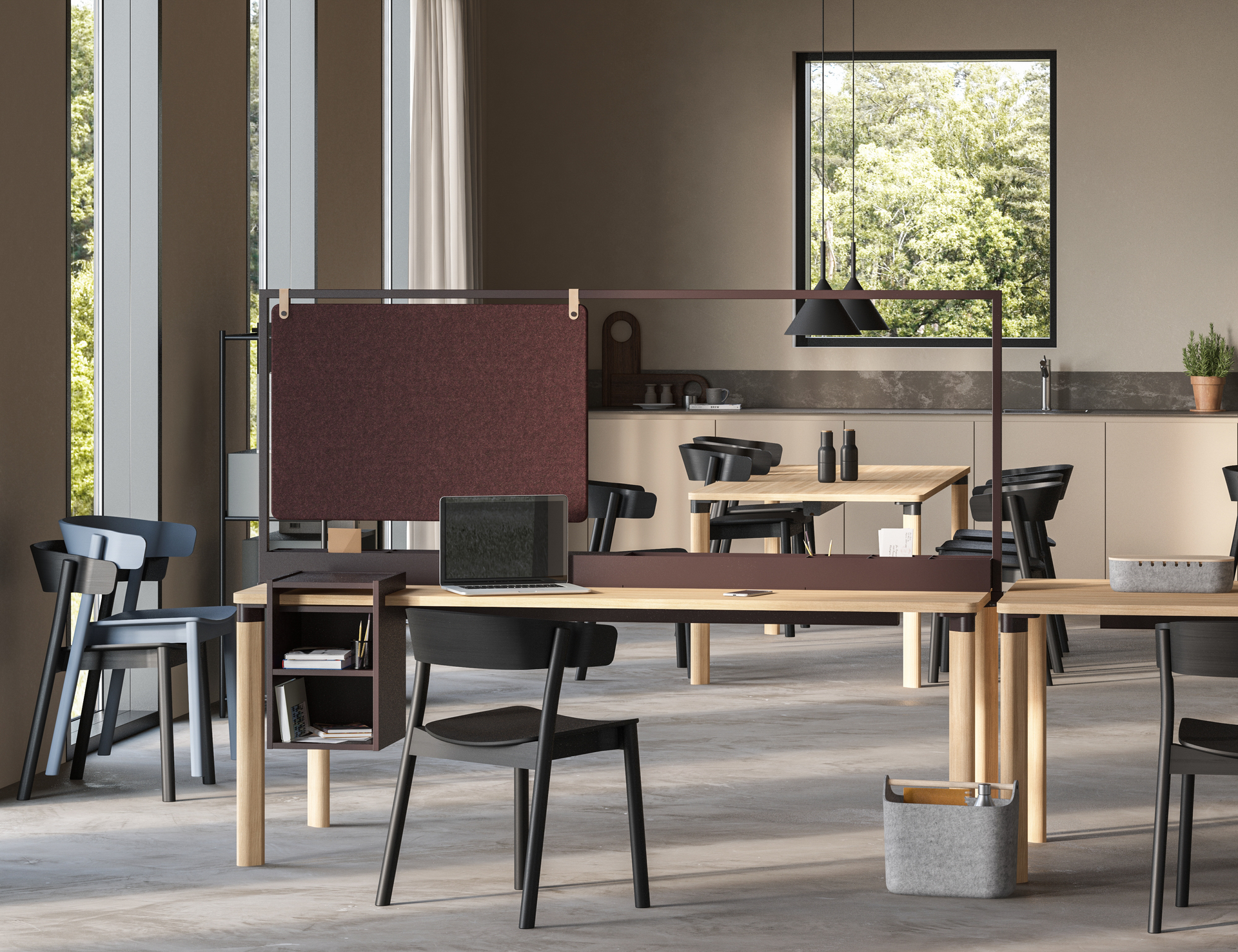 Enfold Work table with modular attributes for storage and sound absorption.
