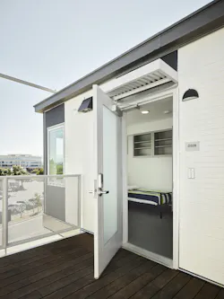 The San Mateo County Step(1) interim supportive housing system includes sleeping units with decks. The San Mateo County Step(1) interim supportive housing system includes sleeping units with decks.