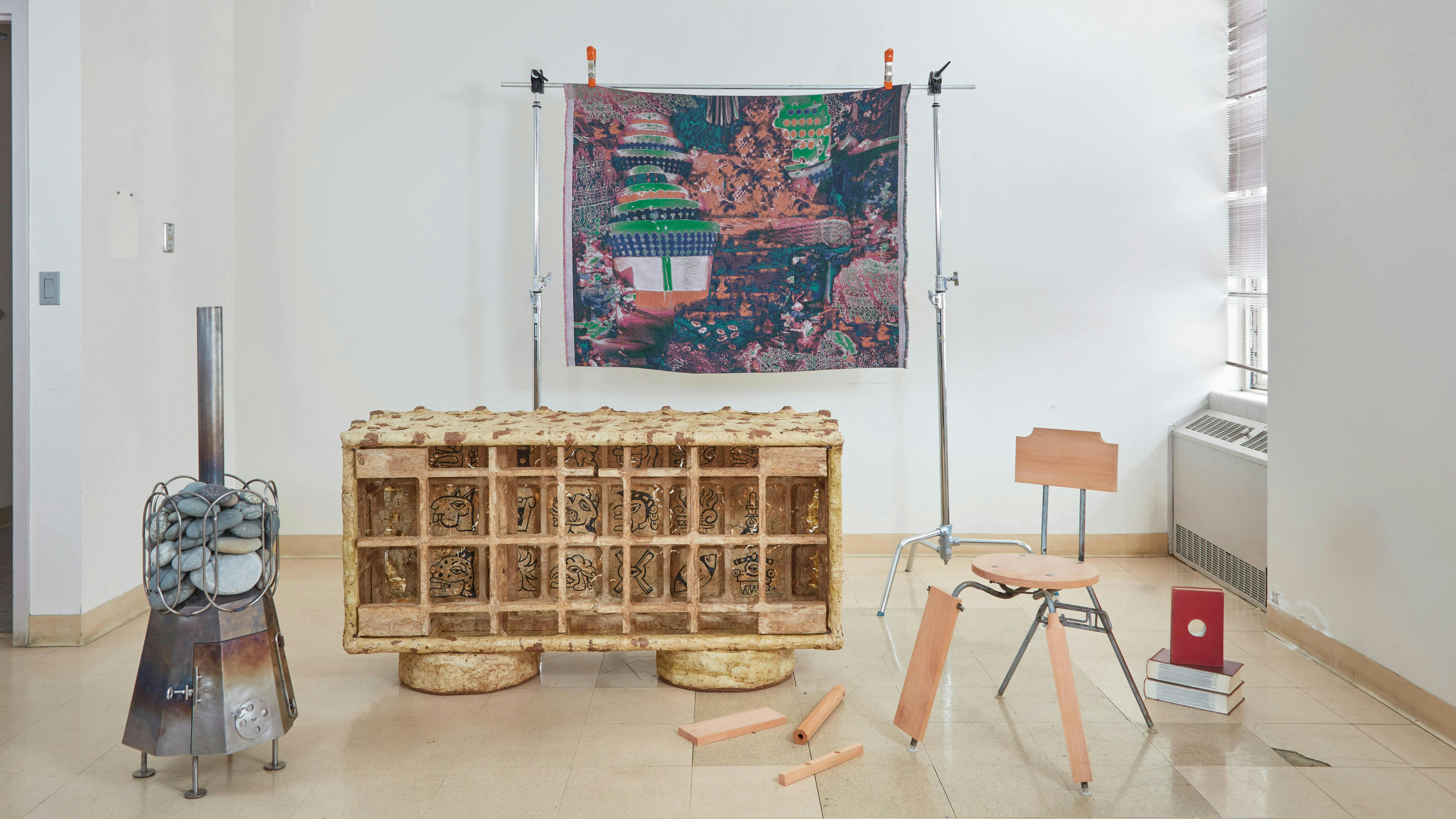 The Rhode Island School of Design student-designed and produced exhibition will be on display at SaloneSatellite. Products pictured: Sauna Stove, Counting the Days Credenza, Untitled (Hoard) and Washed Up Herman Miller Chair.